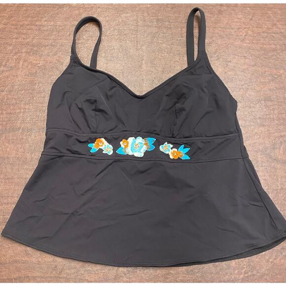 Coco Reef 34DD Black Tankini Top Embroidered Sequin Blue Floral Adjustable Strap - Picture 1 of 9